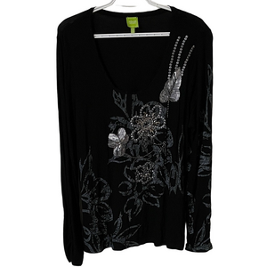 Adam Jacobs Black and Silver Floral Long Sleeve Top Size XL